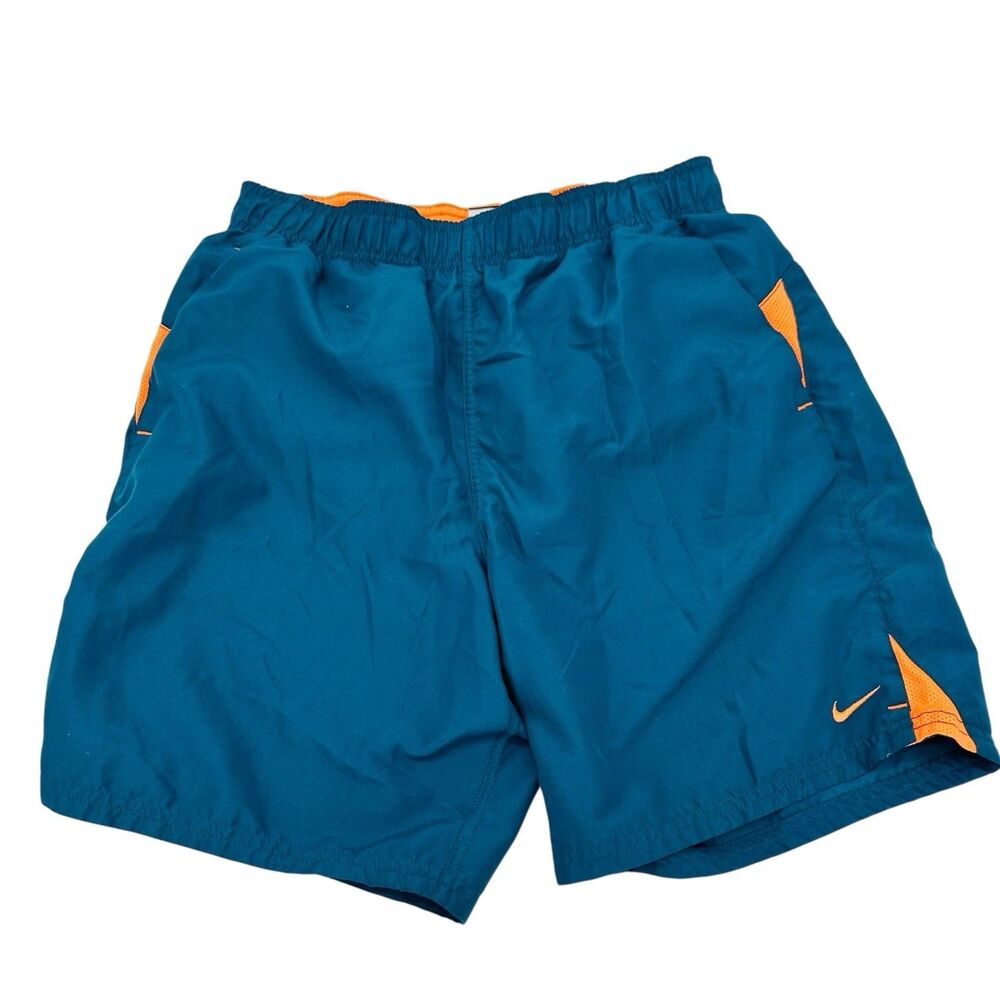 Nike Swimming Trunks Shorts 7 Inch Inseam Mens Size Small Teal Green Orange EUC